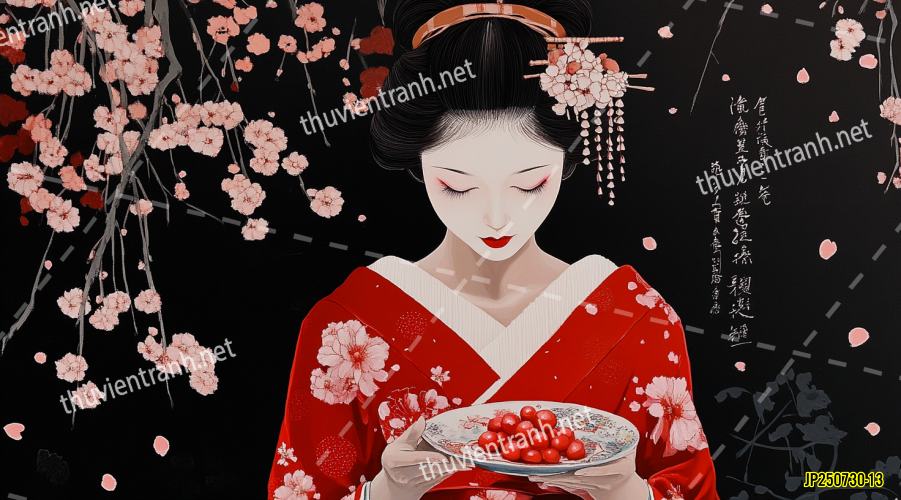 Tranh dán tường hoa cô gái Geisha Nhật Bản-JP250730-13 - Tranh tường chất lượng cao